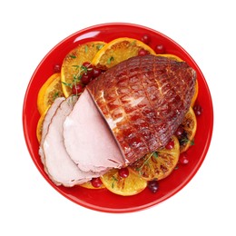 Tasty baked ham, cranberries and oranges isolated on white, top view