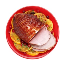 Tasty baked ham, cranberries and oranges isolated on white, top view