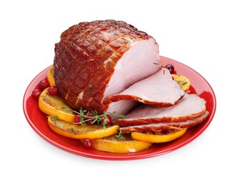 Photo of Tasty baked ham, cranberries and oranges isolated on white