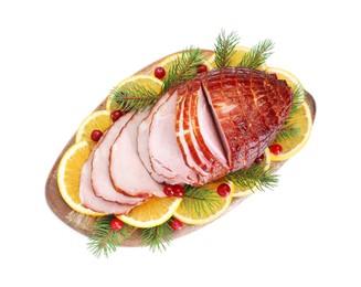 Photo of Tasty baked ham, cranberries and oranges isolated on white, top view