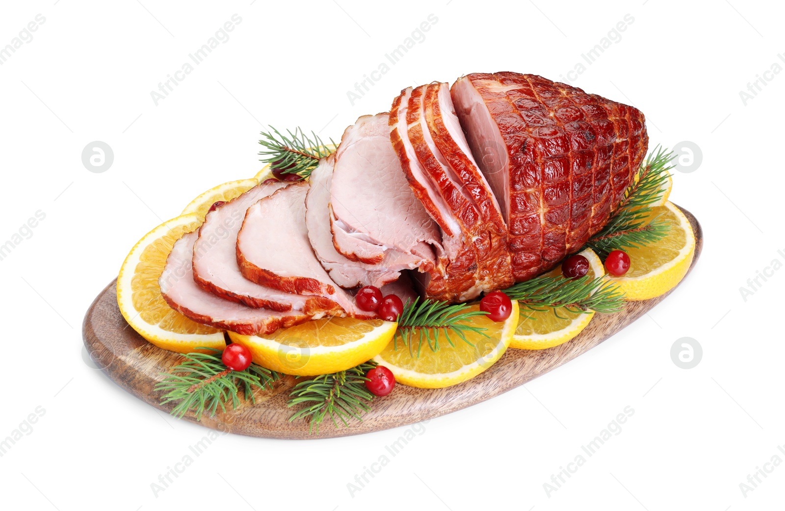 Photo of Tasty baked ham, cranberries and oranges isolated on white