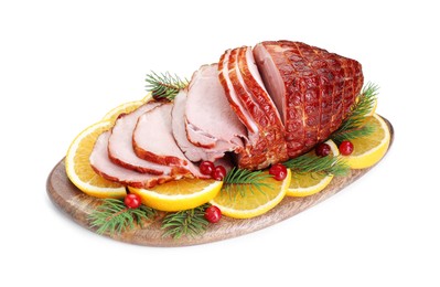 Tasty baked ham, cranberries and oranges isolated on white