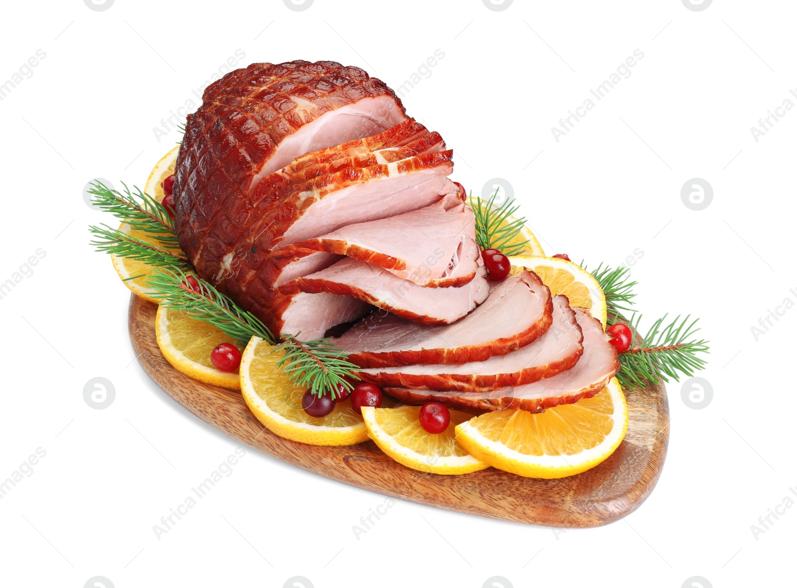 Photo of Tasty baked ham, cranberries and oranges isolated on white