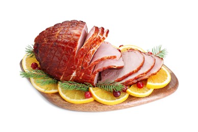 Tasty baked ham, cranberries and oranges isolated on white