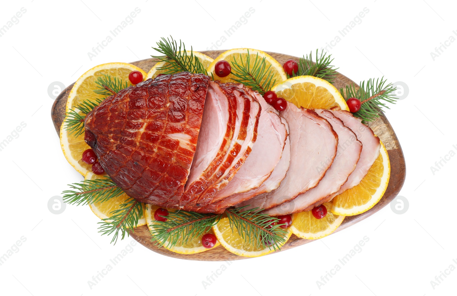 Photo of Tasty baked ham, cranberries and oranges isolated on white, top view