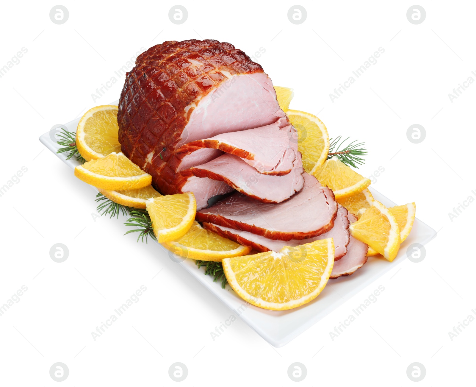 Photo of Tasty baked ham, rosemary and oranges isolated on white