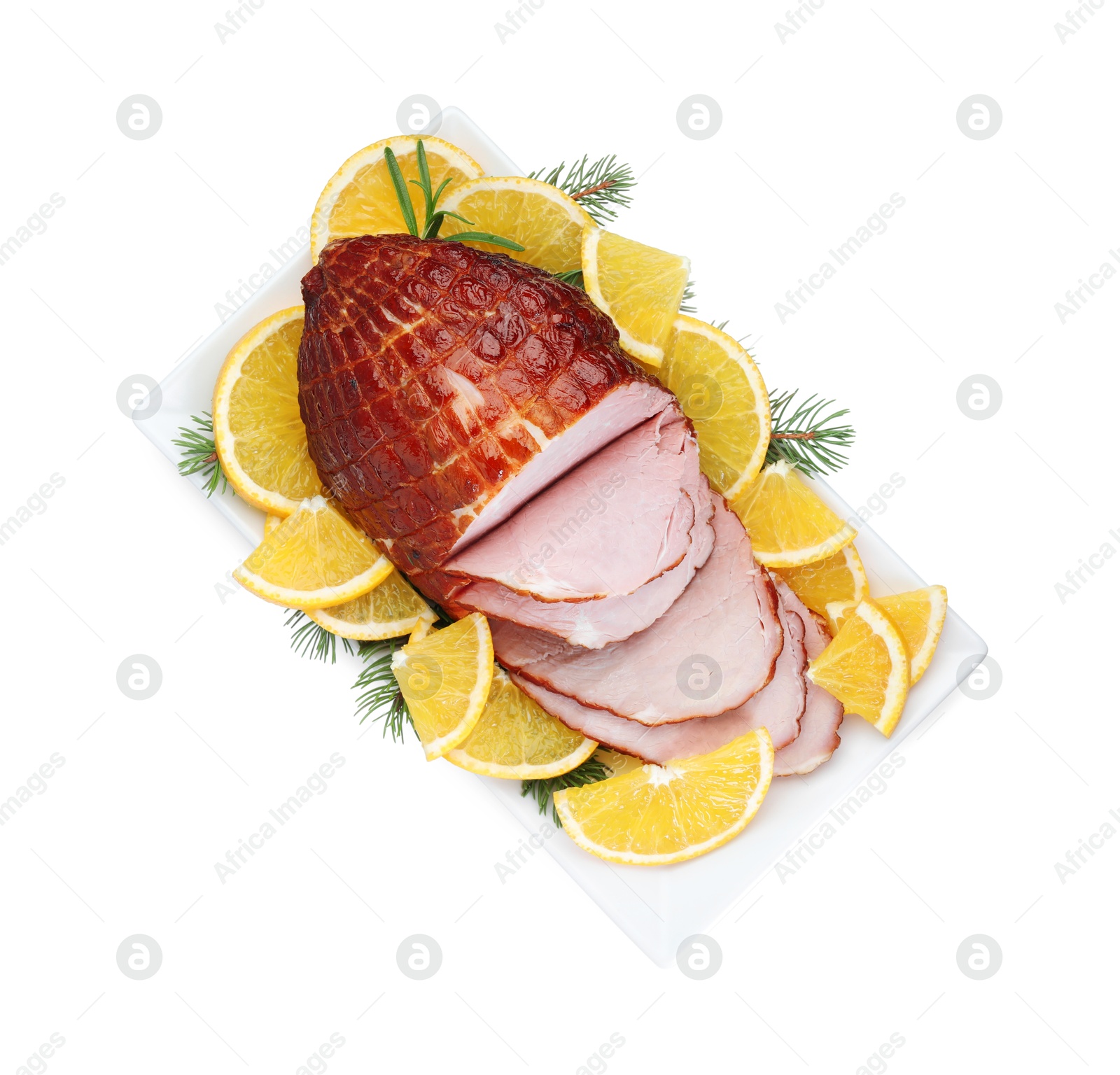 Photo of Tasty baked ham, rosemary and oranges isolated on white, top view