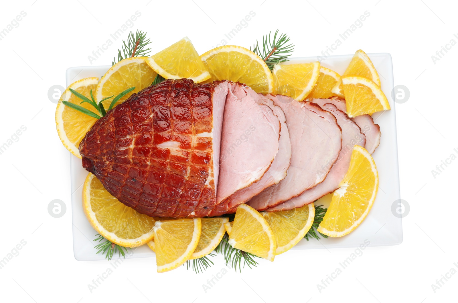 Photo of Tasty baked ham, rosemary and oranges isolated on white, top view