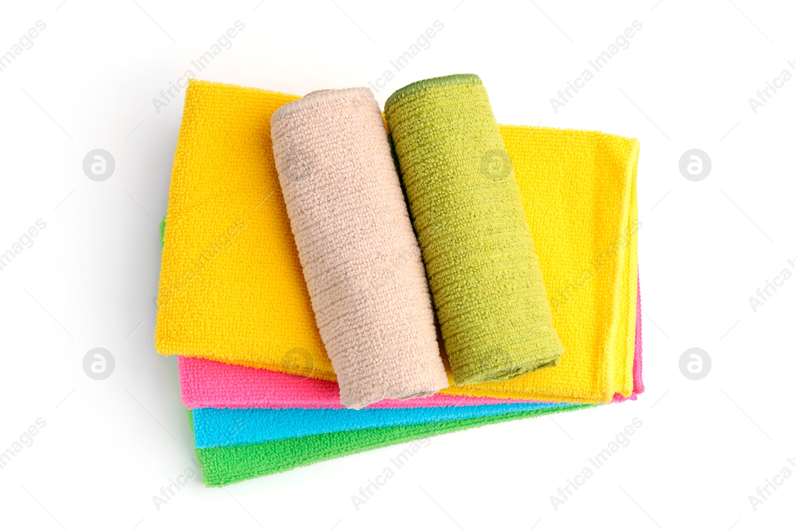 Photo of Many different microfiber cloths isolated on white, top view