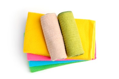 Many different microfiber cloths isolated on white, top view