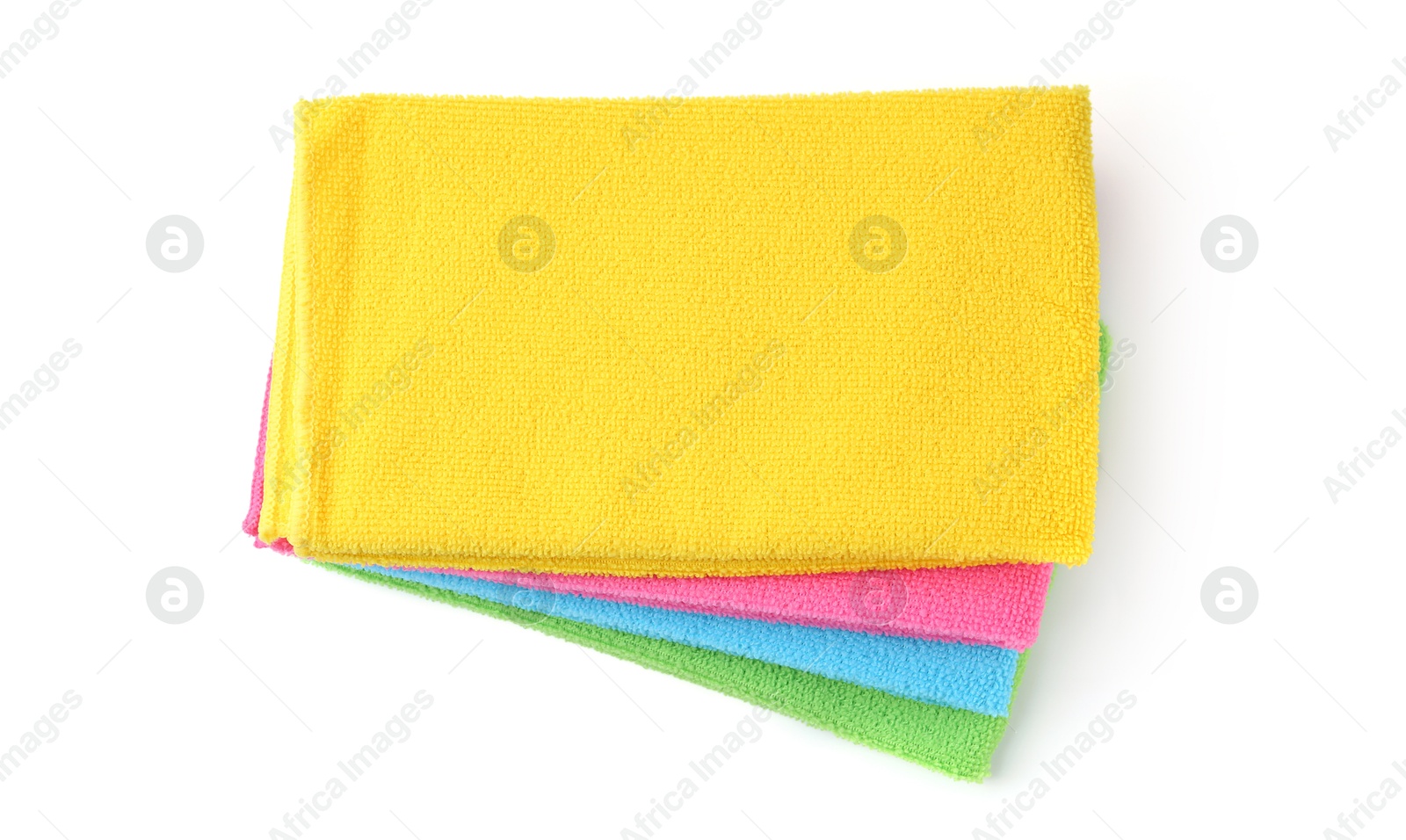 Photo of Stack different microfiber cloths isolated on white, top view