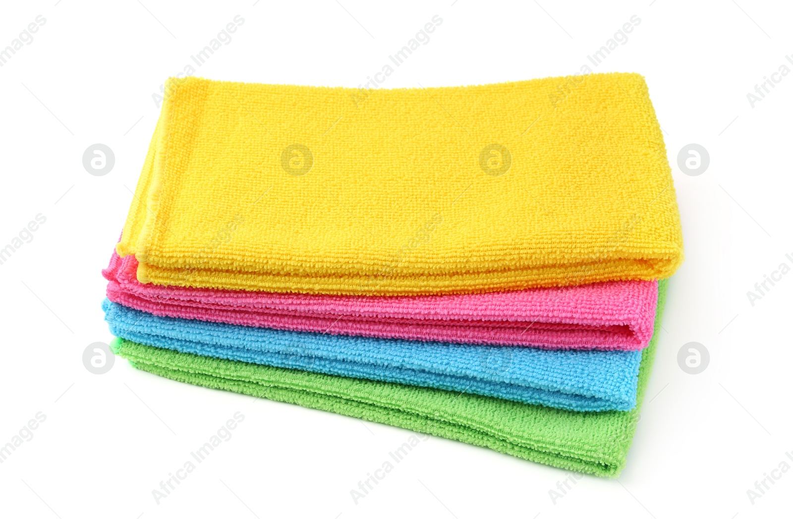 Photo of Stack different microfiber cloths isolated on white