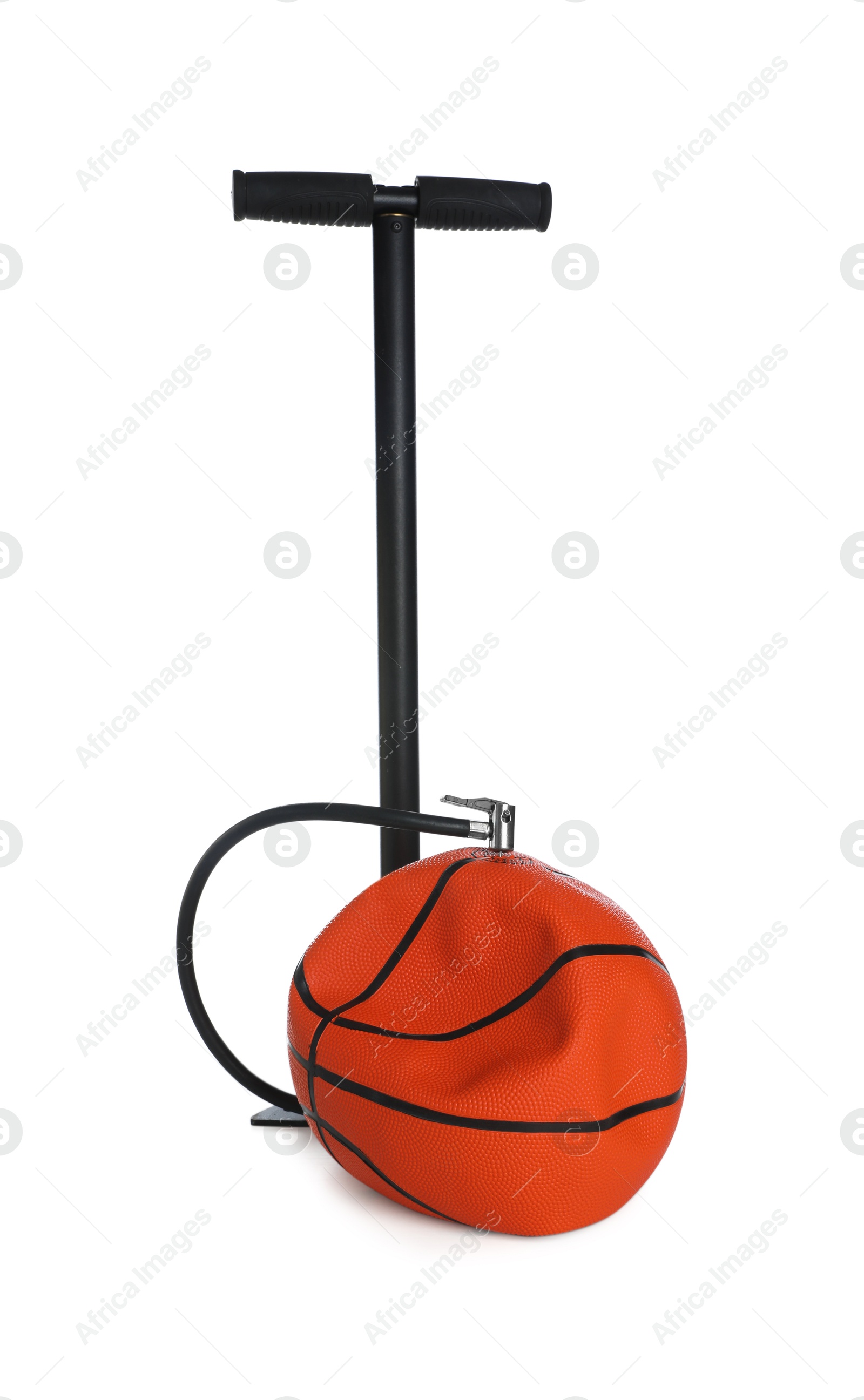 Photo of Deflated basketball ball and manual air pump isolated on white