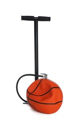 Photo of Deflated basketball ball and manual air pump isolated on white