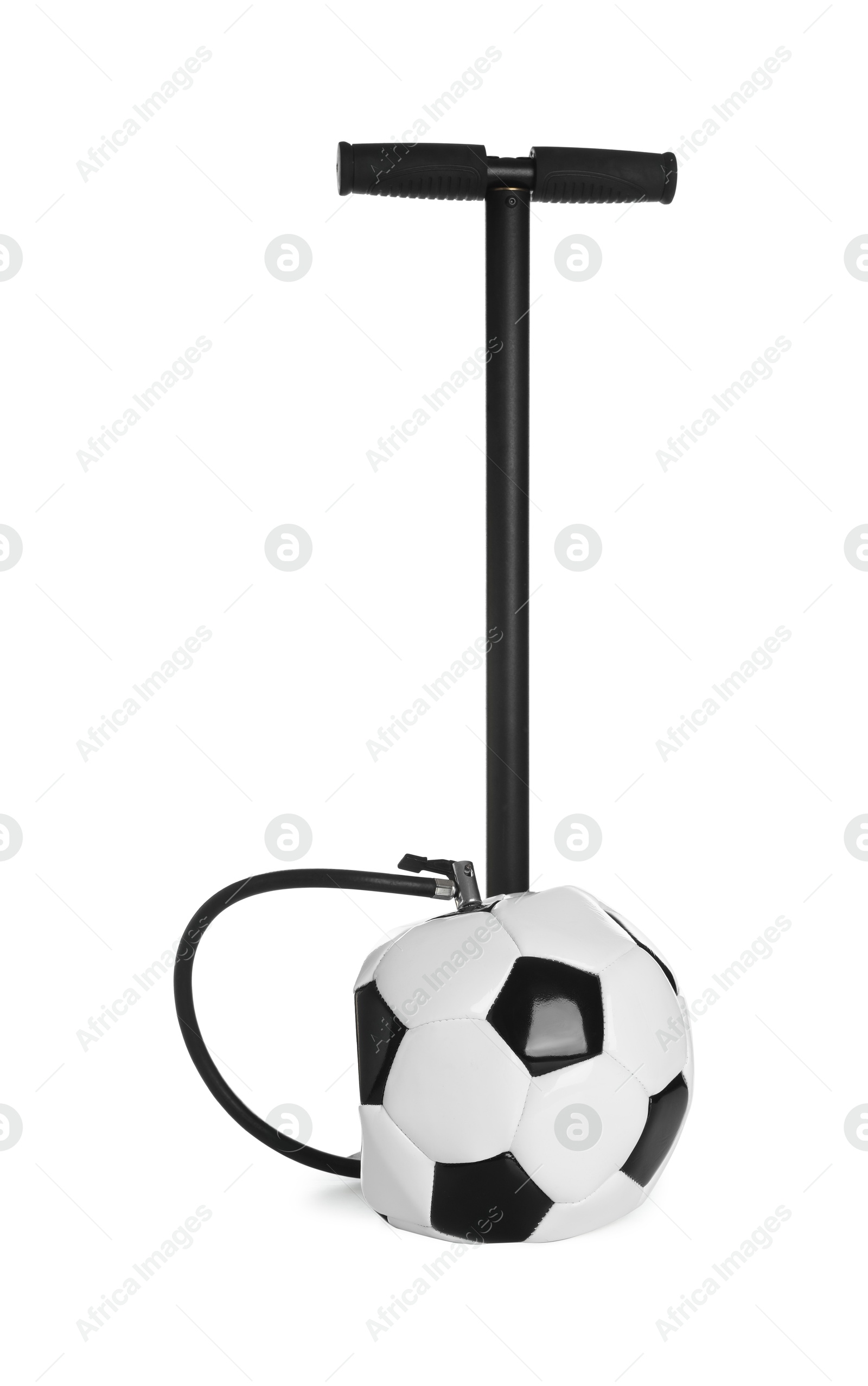 Photo of Deflated soccer ball and manual air pump isolated on white