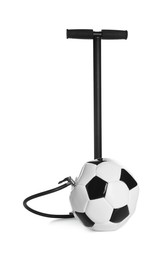 Photo of Deflated soccer ball and manual air pump isolated on white