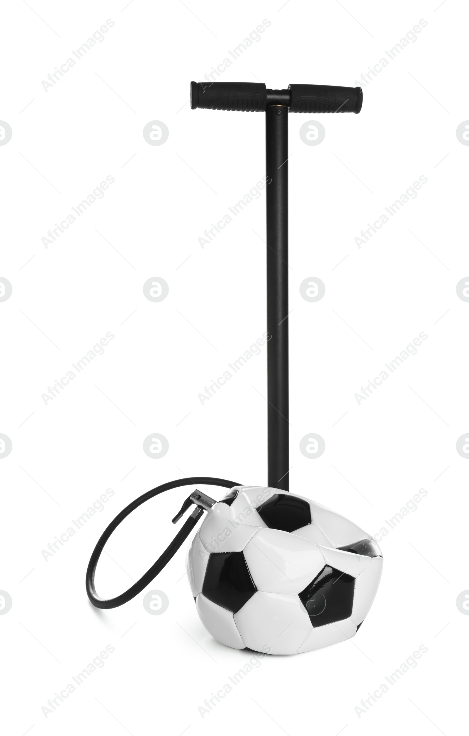 Photo of Deflated soccer ball and manual air pump isolated on white