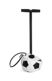 Photo of Deflated soccer ball and manual air pump isolated on white