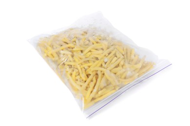 Photo of Frozen yellow beans in plastic bag isolated on white