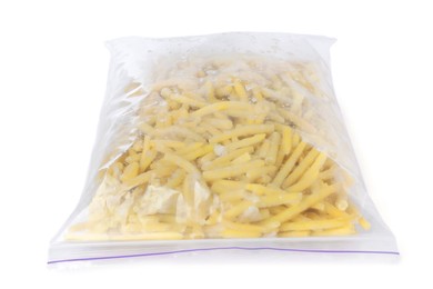 Photo of Frozen yellow beans in plastic bag isolated on white