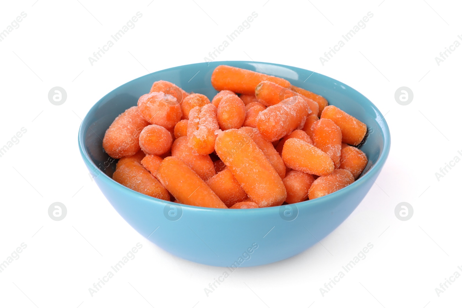 Photo of Frozen baby carrots in bowl isolated on white