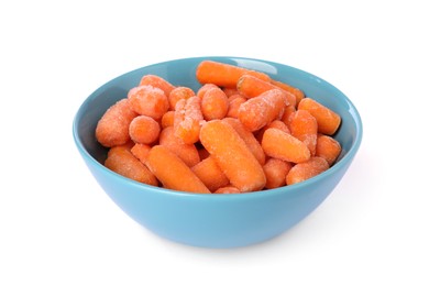 Photo of Frozen baby carrots in bowl isolated on white