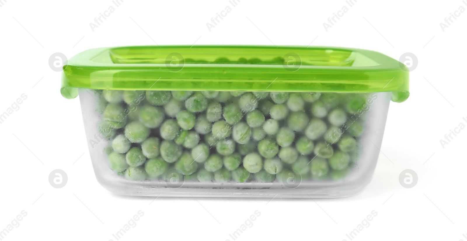 Photo of Frozen peas in container isolated on white