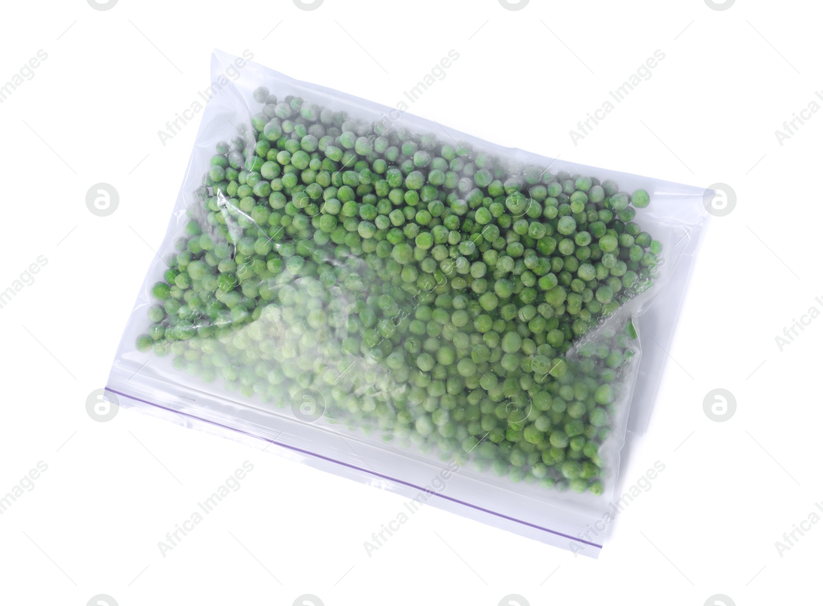 Photo of Frozen peas in plastic bag isolated on white, top view