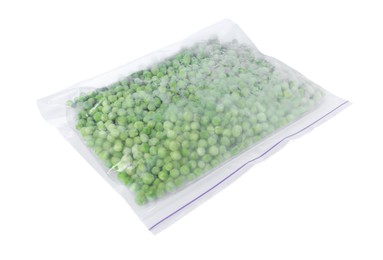 Photo of Frozen peas in plastic bag isolated on white