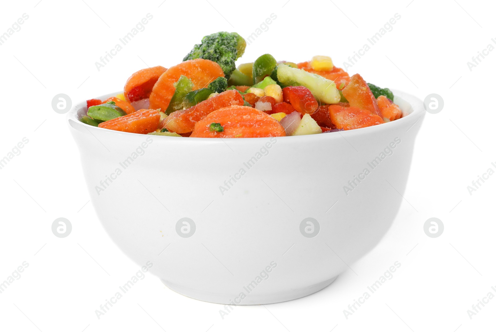 Photo of Mix of frozen vegetables in bowl isolated on white