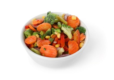 Photo of Mix of frozen vegetables in bowl isolated on white