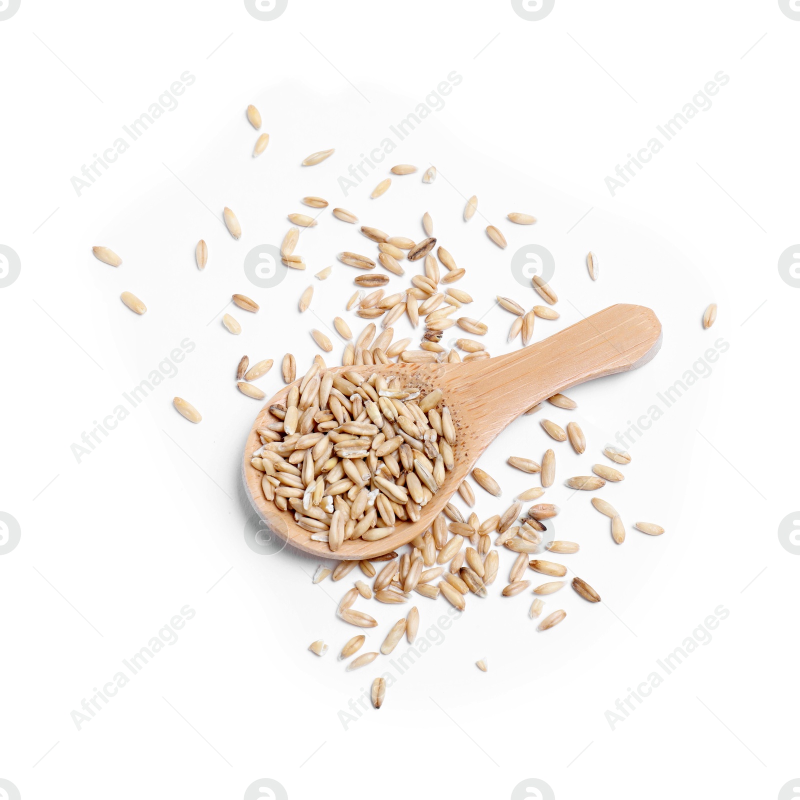 Photo of Oat bran and spoon isolated on white, top view