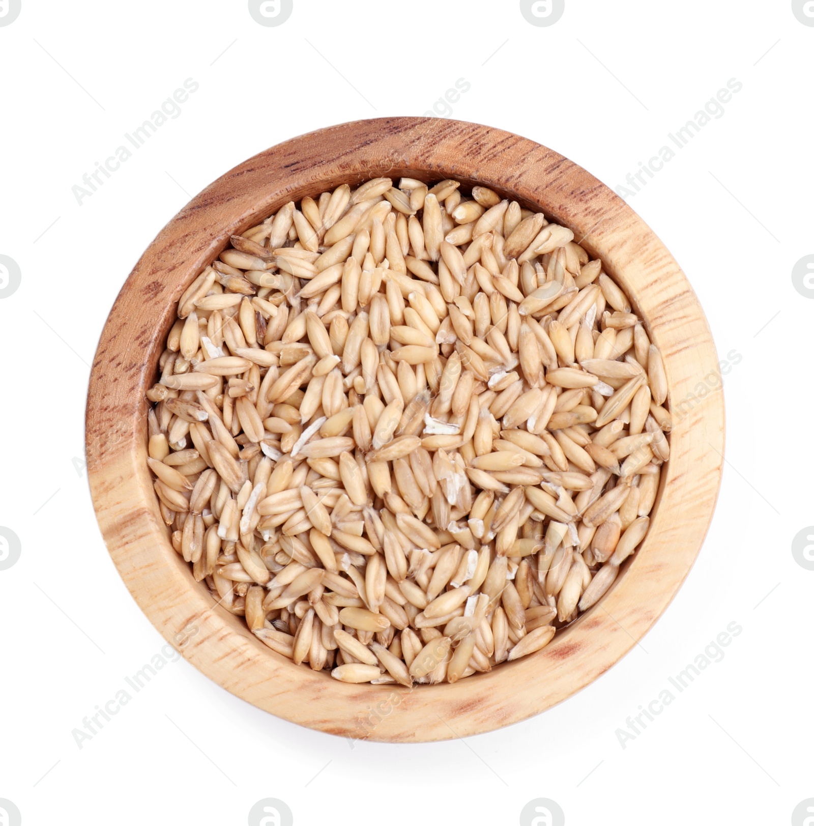 Photo of Oat grains in bowl isolated on white, top view