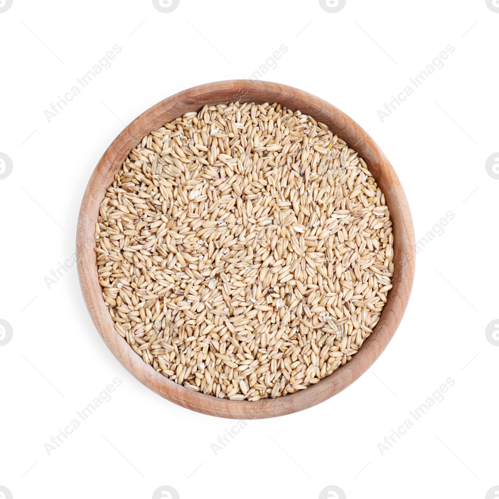 Photo of Oat grains in bowl isolated on white, top view