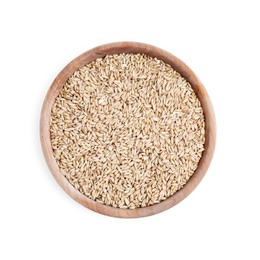 Photo of Oat grains in bowl isolated on white, top view