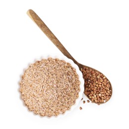 Photo of Buckwheat bran in bowl and grains isolated on white, top view