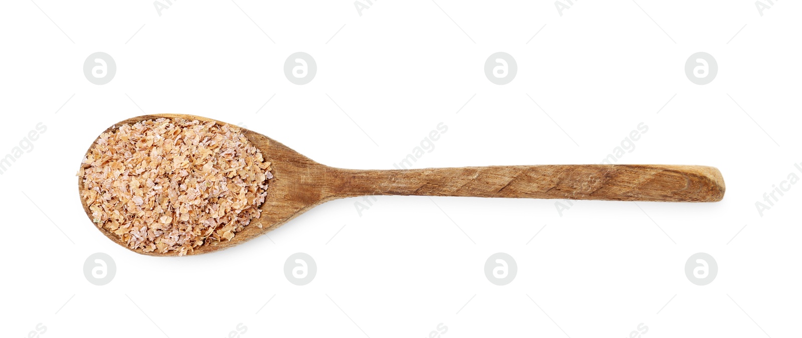 Photo of Buckwheat bran in wooden spoon isolated on white, top view