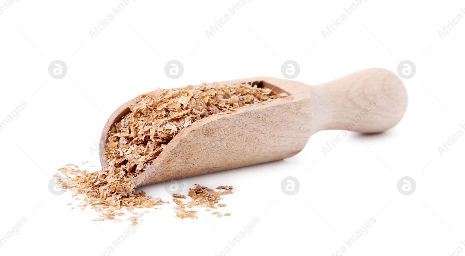 Photo of Buckwheat bran in wooden scoop isolated on white