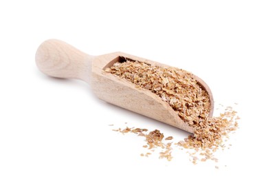 Photo of Buckwheat bran in wooden scoop isolated on white