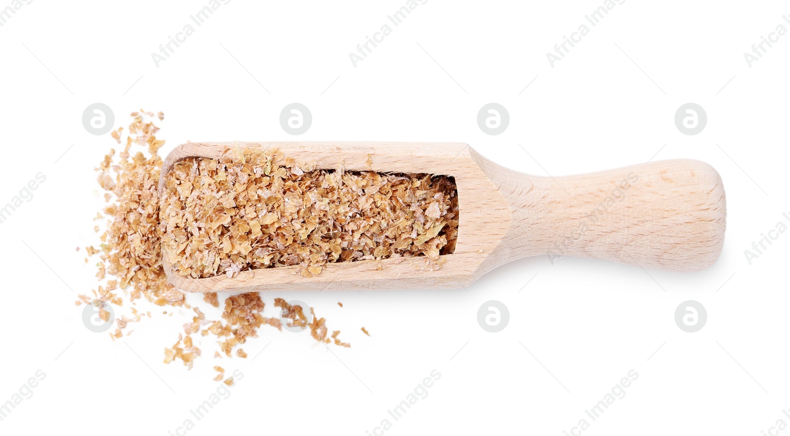 Photo of Buckwheat bran in wooden scoop isolated on white, top view