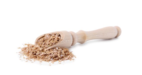 Photo of Buckwheat bran in wooden scoop isolated on white