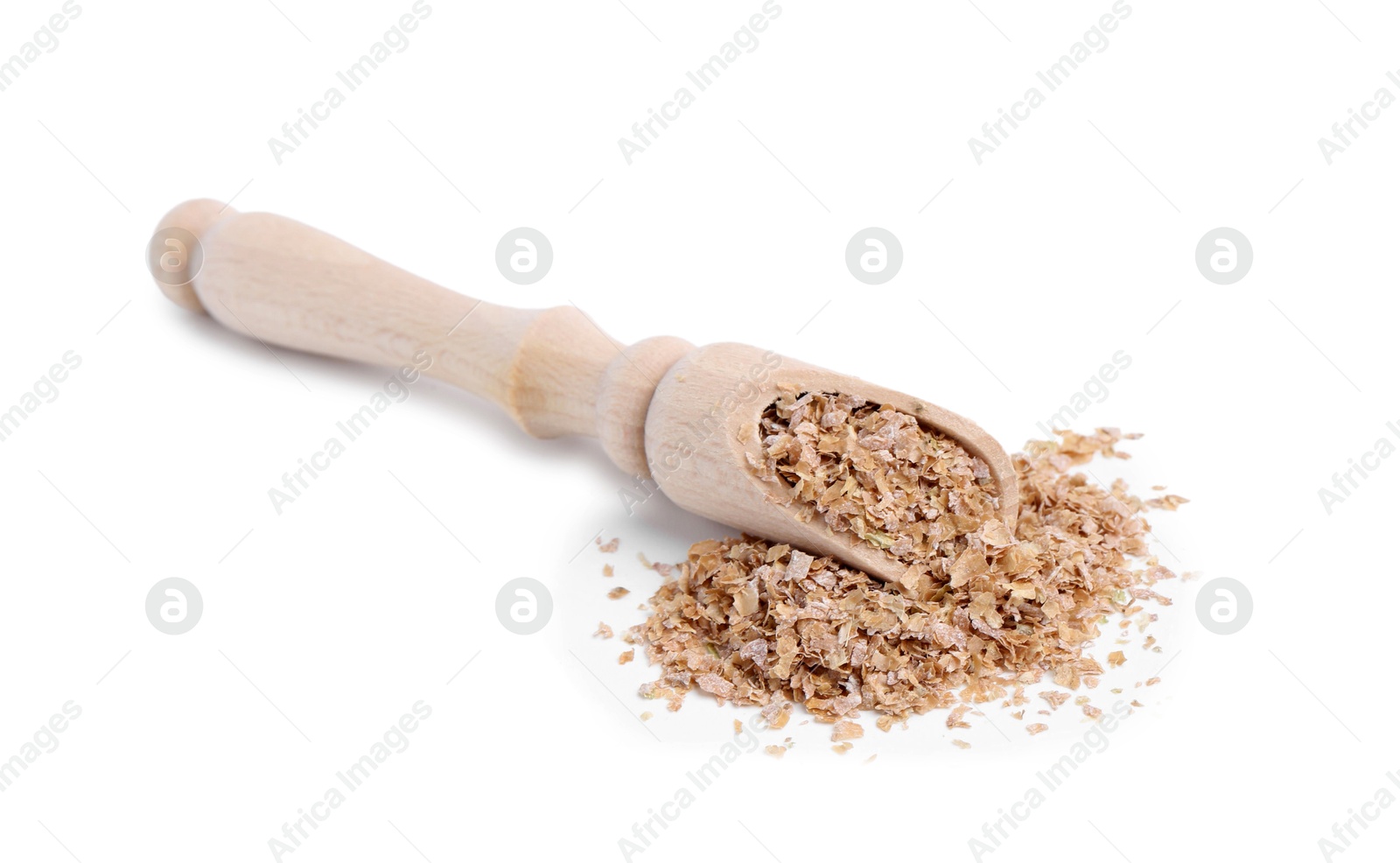 Photo of Buckwheat bran in wooden scoop isolated on white