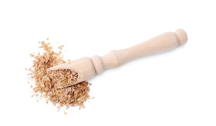 Photo of Buckwheat bran in wooden scoop isolated on white, top view