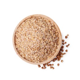 Photo of Buckwheat bran in wooden bowl and grains isolated on white, top view