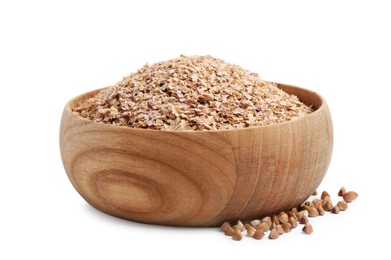 Buckwheat bran in wooden bowl and grains isolated on white