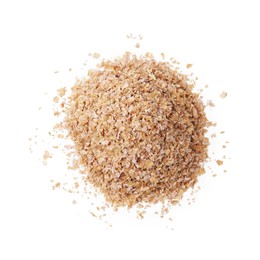 Photo of Pile of buckwheat bran isolated on white, top view