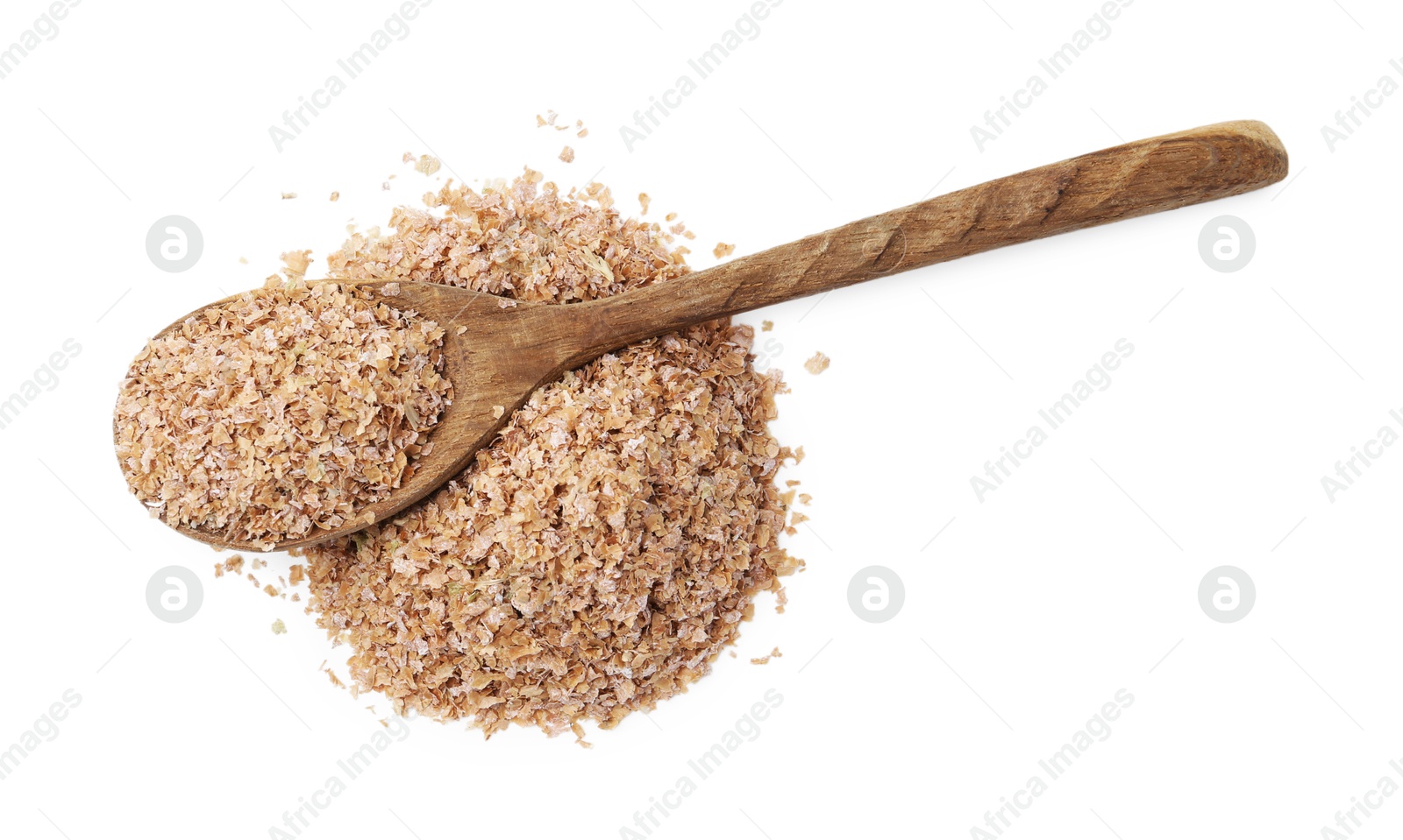 Photo of Buckwheat bran and wooden spoon isolated on white, top view