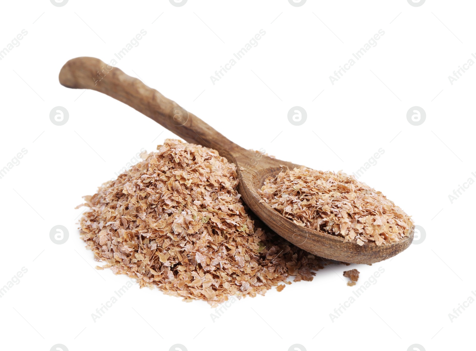 Photo of Buckwheat bran and wooden spoon isolated on white