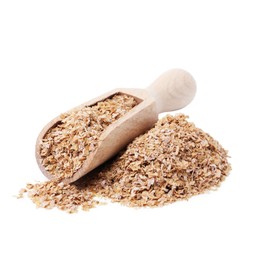 Photo of Buckwheat bran and wooden scoop isolated on white