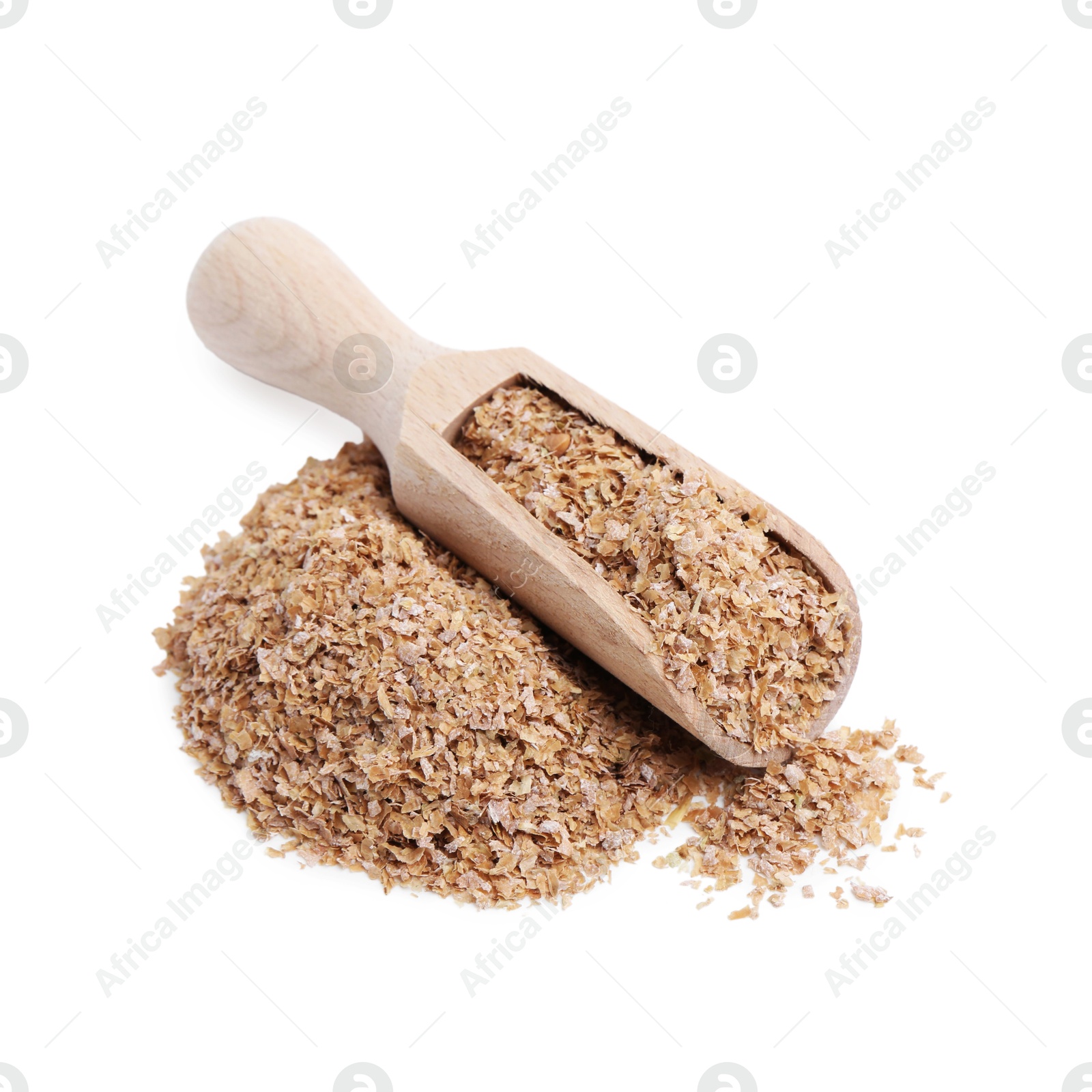 Photo of Buckwheat bran and wooden scoop isolated on white